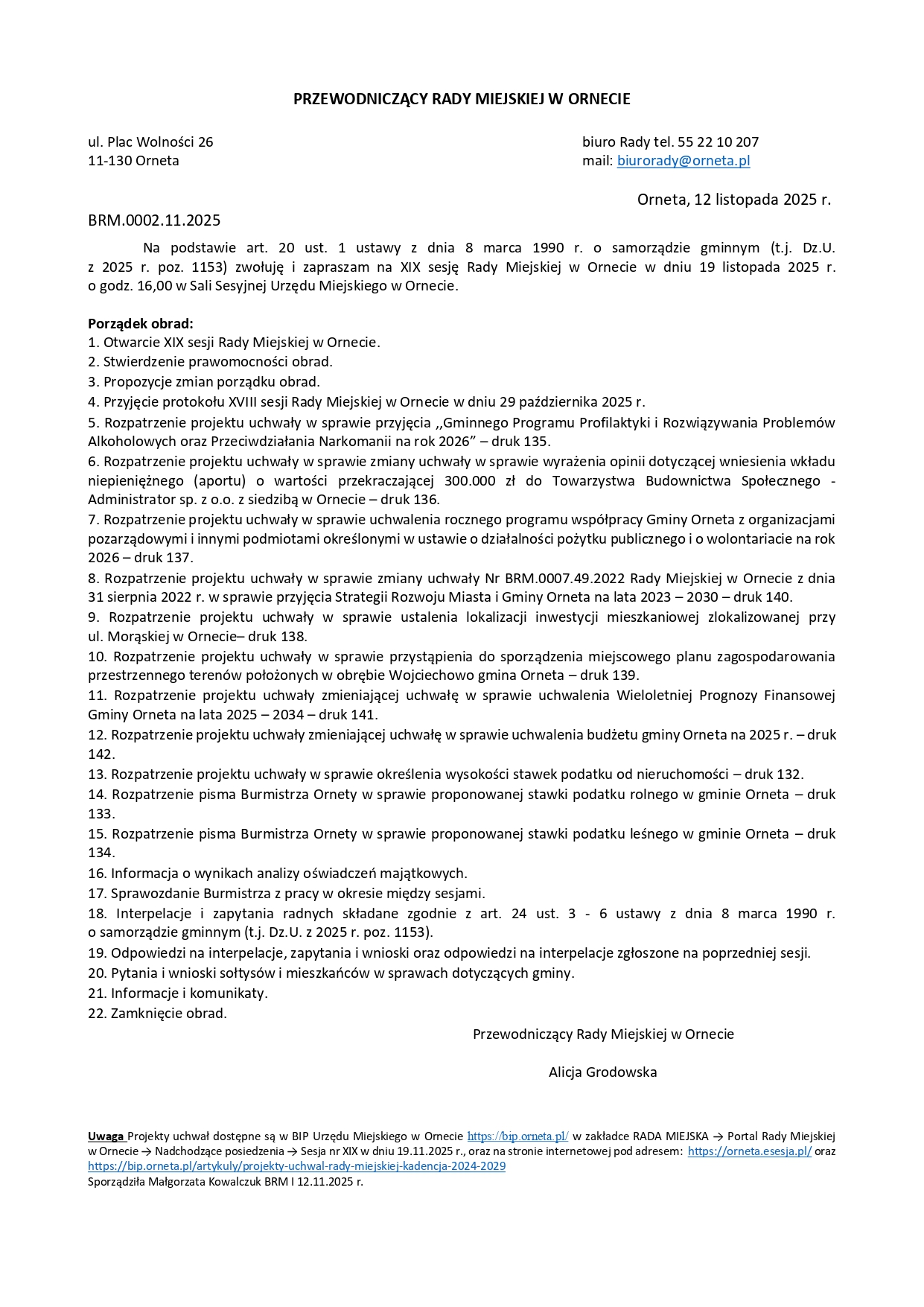 Zawiadomienie do XIX sesji Rady Miejskiej w Ornecie